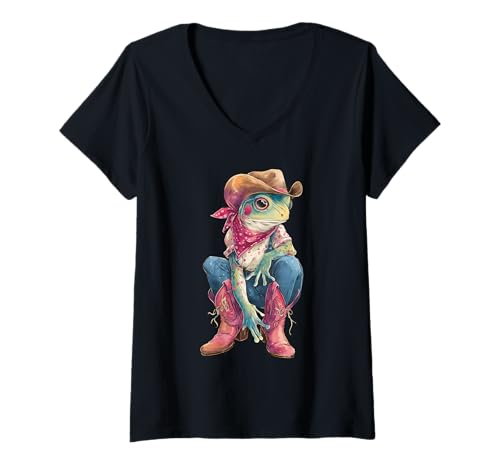 Damen Country Cowboy Frosch Vintage Kröte Rodeo Cowgirl Western T-Shirt mit V-Ausschnitt von Funny Western Country Cowboy Frog Animal