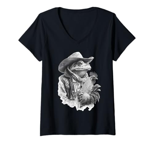 Damen Country Cowboy Frosch Vintage Kröte Rodeo Cowgirl Western T-Shirt mit V-Ausschnitt von Funny Western Country Cowboy Frog Animal