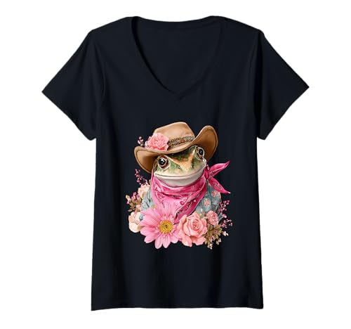 Damen Country Cowboy Frosch Vintage Kröte Rodeo Cowgirl Western Texax T-Shirt mit V-Ausschnitt von Funny Western Country Cowboy Frog Animal