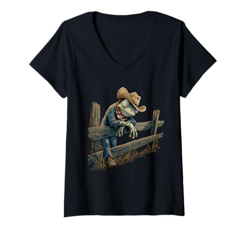 Damen Country Cowboy Frosch Vintage Kröte Rodeo Cowgirl Western Texax T-Shirt mit V-Ausschnitt Damen Country Cowboy Frosch Vintage Kröte Rodeo Cowgirl Western Texax T-Shirt mit V-Ausschnitt von Funny Western Country Cowboy Frog Animal