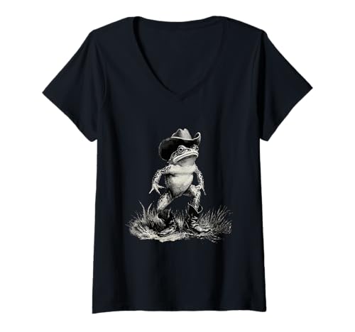 Damen Country Cowboy Frosch Vintage Kröte Rodeo Cowgirl Western Texax T-Shirt mit V-Ausschnitt Damen Country Cowboy Frosch Vintage Kröte Rodeo Cowgirl Western Texax T-Shirt mit V-Ausschnitt von Funny Western Country Cowboy Frog Animal