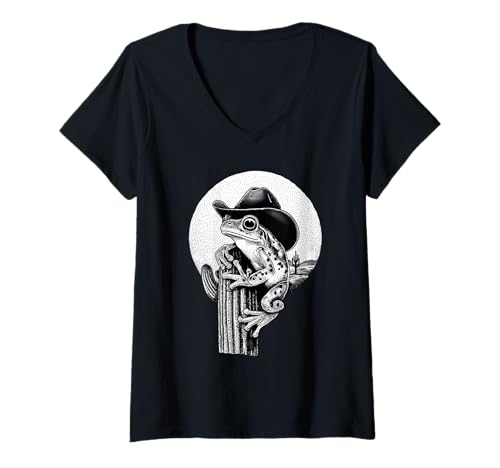 Damen Country Cowboy Frosch Vintage Kröte Rodeo Cowgirl Western Texax T-Shirt mit V-Ausschnitt von Funny Western Country Cowboy Frog Animal