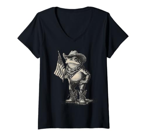 Damen Country Cowboy Frosch Vintage Kröte Rodeo Cowgirl Western Texax T-Shirt mit V-Ausschnitt von Funny Western Country Cowboy Frog Animal
