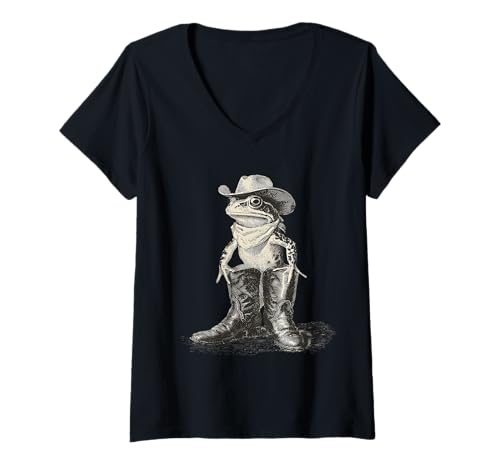 Damen Country Cowboy Frosch Vintage Kröte Rodeo Cowgirl Western Texax T-Shirt mit V-Ausschnitt Damen Country Cowboy Frosch Vintage Kröte Rodeo Cowgirl Western Texax T-Shirt mit V-Ausschnitt von Funny Western Country Cowboy Frog Animal