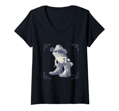 Damen Country Cowboy Frosch Vintage Kröte Rodeo Cowgirl Western Texax T-Shirt mit V-Ausschnitt von Funny Western Country Cowboy Frog Animal