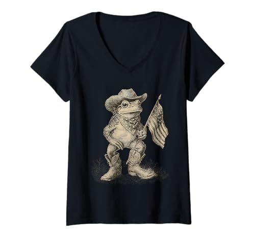 Damen Country Cowboy Frosch Vintage Kröte Rodeo Cowgirl Western Texax T-Shirt mit V-Ausschnitt von Funny Western Country Cowboy Frog Animal