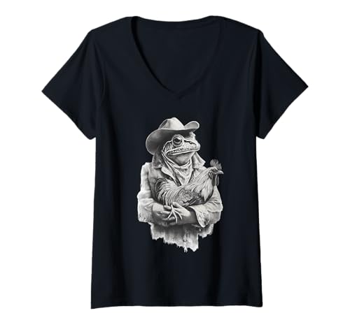 Damen Country Cowboy Frosch Vintage Kröte Rodeo Cowgirl Western Texax T-Shirt mit V-Ausschnitt von Funny Western Country Cowboy Frog Animal