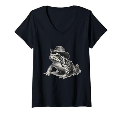 Damen Frosch Cowboy Rodeo Cowgirl Kröte Vintage Western Country T-Shirt mit V-Ausschnitt von Funny Western Country Cowboy Frog Animal