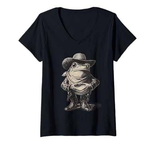 Damen Frosch Cowboy Rodeo Cowgirl Kröte Vintage Western Country T-Shirt mit V-Ausschnitt von Funny Western Country Cowboy Frog Animal