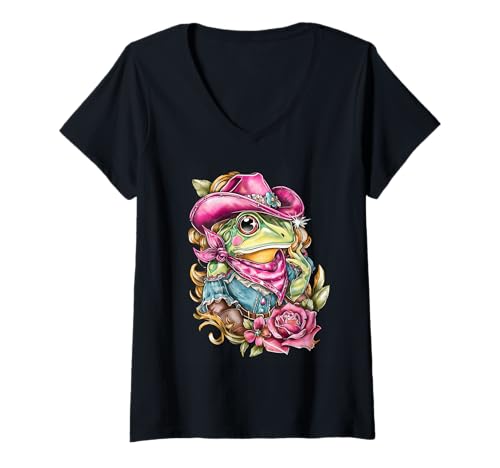 Damen Frosch Cowboy Rodeo Cowgirl Kröte Vintage Western Country T-Shirt mit V-Ausschnitt von Funny Western Country Cowboy Frog Animal