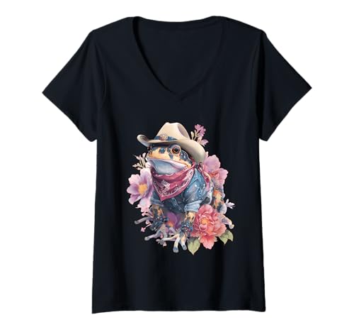 Damen Frosch Cowboy Rodeo Cowgirl Kröte Vintage Western Country T-Shirt mit V-Ausschnitt Damen Frosch Cowboy Rodeo Cowgirl Kröte Vintage Western Country T-Shirt mit V-Ausschnitt von Funny Western Country Cowboy Frog Animal