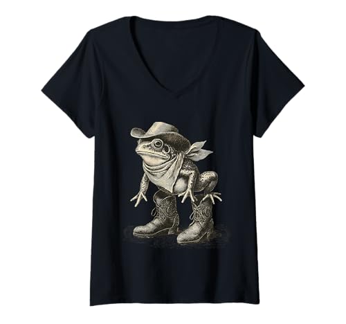 Damen Frosch Cowboy Rodeo Cowgirl Kröte Vintage Western Country T-Shirt mit V-Ausschnitt Damen Frosch Cowboy Rodeo Cowgirl Kröte Vintage Western Country T-Shirt mit V-Ausschnitt von Funny Western Country Cowboy Frog Animal