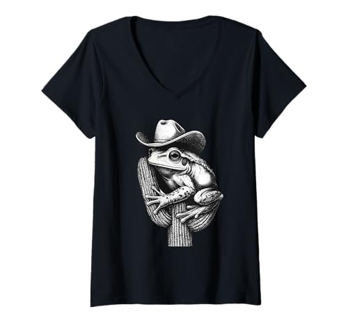 Damen Frosch Cowboy Rodeo Cowgirl Kröte Vintage Western Country T-Shirt mit V-Ausschnitt von Funny Western Country Cowboy Frog Animal