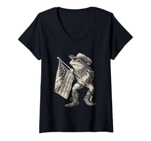 Damen Frosch Cowboy Rodeo Cowgirl Kröte Vintage Western Country T-Shirt mit V-Ausschnitt Damen Frosch Cowboy Rodeo Cowgirl Kröte Vintage Western Country T-Shirt mit V-Ausschnitt von Funny Western Country Cowboy Frog Animal