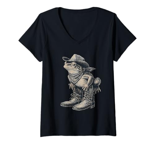Damen Frosch Cowboy Rodeo Cowgirl Kröte Vintage Western Country T-Shirt mit V-Ausschnitt Damen Frosch Cowboy Rodeo Cowgirl Kröte Vintage Western Country T-Shirt mit V-Ausschnitt von Funny Western Country Cowboy Frog Animal