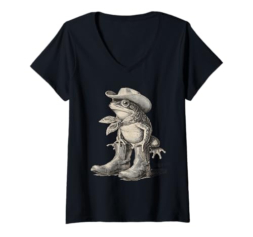 Damen Frosch Cowboy Vintage Kröte Rodeo Cowgirl Western Country T-Shirt mit V-Ausschnitt von Funny Western Country Cowboy Frog Animal
