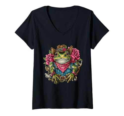 Damen Frosch Cowboy Vintage Kröte Rodeo Cowgirl Western Country T-Shirt mit V-Ausschnitt von Funny Western Country Cowboy Frog Animal
