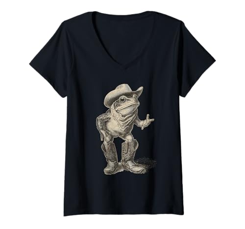 Damen Frosch Cowboy Vintage Kröte Rodeo Cowgirl Western Country T-Shirt mit V-Ausschnitt Damen Frosch Cowboy Vintage Kröte Rodeo Cowgirl Western Country T-Shirt mit V-Ausschnitt von Funny Western Country Cowboy Frog Animal
