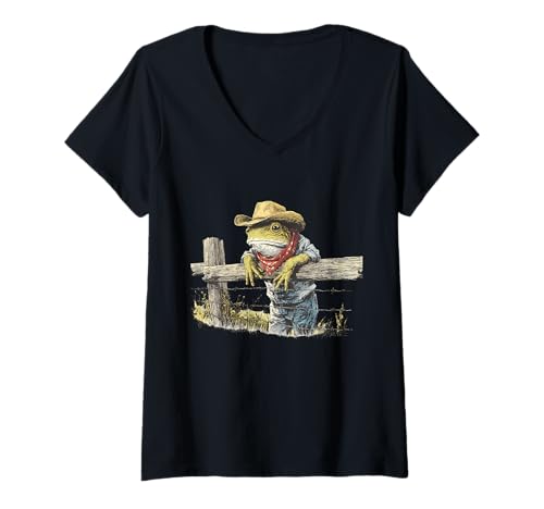 Damen Frosch Cowboy Vintage Kröte Rodeo Cowgirl Western Country T-Shirt mit V-Ausschnitt Damen Frosch Cowboy Vintage Kröte Rodeo Cowgirl Western Country T-Shirt mit V-Ausschnitt von Funny Western Country Cowboy Frog Animal
