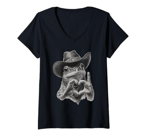 Damen Frosch Cowboy Vintage Kröte Rodeo Cowgirl Western Country T-Shirt mit V-Ausschnitt Damen Frosch Cowboy Vintage Kröte Rodeo Cowgirl Western Country T-Shirt mit V-Ausschnitt von Funny Western Country Cowboy Frog Animal