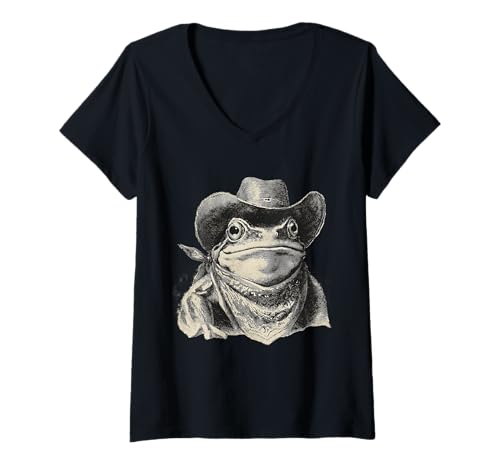 Damen Frosch Cowboy Vintage Kröte Rodeo Cowgirl Western Country T-Shirt mit V-Ausschnitt Damen Frosch Cowboy Vintage Kröte Rodeo Cowgirl Western Country T-Shirt mit V-Ausschnitt von Funny Western Country Cowboy Frog Animal