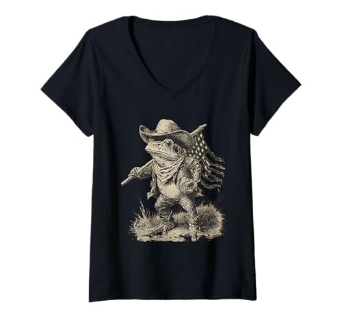 Damen Frosch Cowboy Vintage Kröte Rodeo Cowgirl Western Country T-Shirt mit V-Ausschnitt von Funny Western Country Cowboy Frog Animal