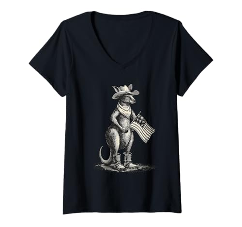 Damen Australisches Känguru-Cowboy-Rodeo, Western Country, Australien T-Shirt mit V-Ausschnitt Damen Australisches Känguru-Cowboy-Rodeo, Western Country, Australien T-Shirt mit V-Ausschnitt von Funny Western Country Cowboy Kangaroo Animal