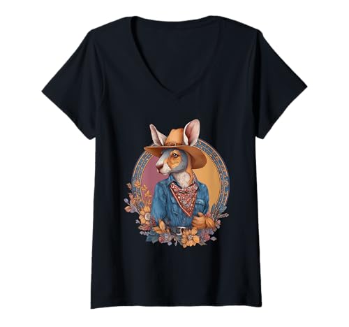 Damen Country Cowboy Australisches Känguru-Rodeo Westaustralien T-Shirt mit V-Ausschnitt Damen Country Cowboy Australisches Känguru-Rodeo Westaustralien T-Shirt mit V-Ausschnitt von Funny Western Country Cowboy Kangaroo Animal