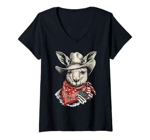 Damen Country Cowboy Australisches Känguru-Rodeo Westaustralien T-Shirt mit V-Ausschnitt Damen Country Cowboy Australisches Känguru-Rodeo Westaustralien T-Shirt mit V-Ausschnitt von Funny Western Country Cowboy Kangaroo Animal