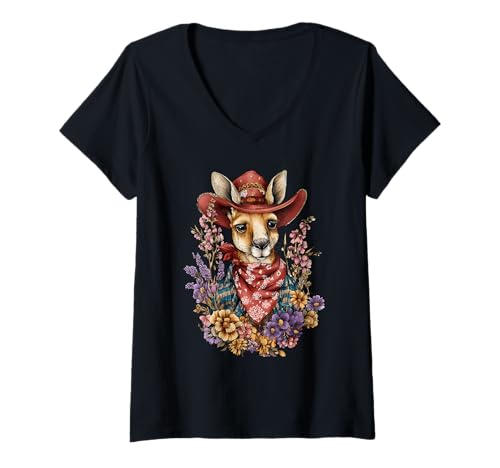 Damen Känguru Cowboy Rodeo Cowgirl Western Country Australien T-Shirt mit V-Ausschnitt Damen Känguru Cowboy Rodeo Cowgirl Western Country Australien T-Shirt mit V-Ausschnitt von Funny Western Country Cowboy Kangaroo Animal