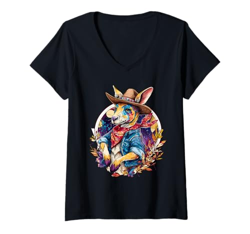 Damen Känguru-Cowboy-Rodeo im australischen Stil, Vintage-Stil, Western Country T-Shirt mit V-Ausschnitt Damen Känguru-Cowboy-Rodeo im australischen Stil, Vintage-Stil, Western Country T-Shirt mit V-Ausschnitt von Funny Western Country Cowboy Kangaroo Animal