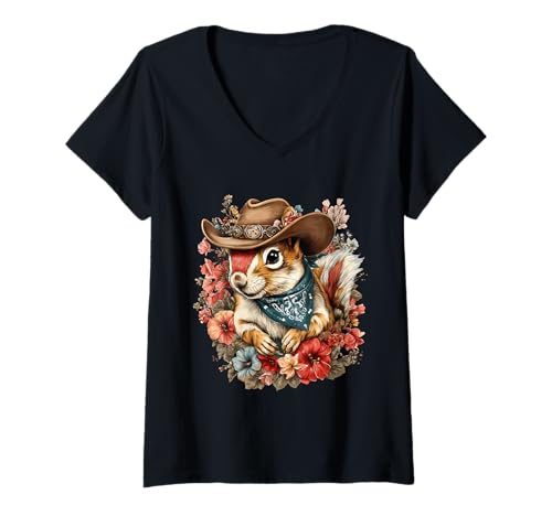 Damen Country Cowboy Eichhörnchen Vintage Rodeo Cowgirl Western T-Shirt mit V-Ausschnitt Damen Country Cowboy Eichhörnchen Vintage Rodeo Cowgirl Western T-Shirt mit V-Ausschnitt von Funny Western Country Cowboy Squirrel Animal