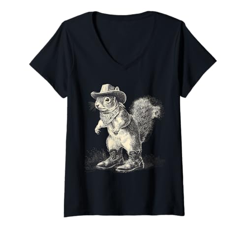 Damen Eichhörnchen Cowboy Rodeo Cowgirl Vintage Western Country T-Shirt mit V-Ausschnitt Damen Eichhörnchen Cowboy Rodeo Cowgirl Vintage Western Country T-Shirt mit V-Ausschnitt von Funny Western Country Cowboy Squirrel Animal