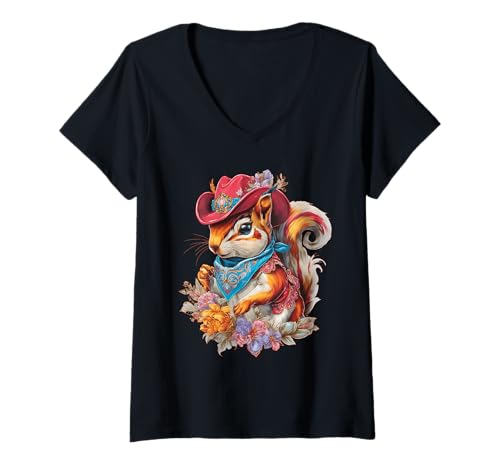 Damen Eichhörnchen Cowboy Rodeo Cowgirl Vintage Western Country T-Shirt mit V-Ausschnitt Damen Eichhörnchen Cowboy Rodeo Cowgirl Vintage Western Country T-Shirt mit V-Ausschnitt von Funny Western Country Cowboy Squirrel Animal