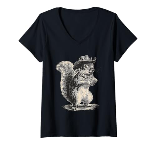 Damen Eichhörnchen Cowboy Rodeo Cowgirl Vintage Western Country T-Shirt mit V-Ausschnitt Damen Eichhörnchen Cowboy Rodeo Cowgirl Vintage Western Country T-Shirt mit V-Ausschnitt von Funny Western Country Cowboy Squirrel Animal
