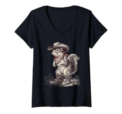 Damen Eichhörnchen Cowboy Vintage Rodeo Cowgirl Western Country T-Shirt mit V-Ausschnitt Damen Eichhörnchen Cowboy Vintage Rodeo Cowgirl Western Country T-Shirt mit V-Ausschnitt von Funny Western Country Cowboy Squirrel Animal