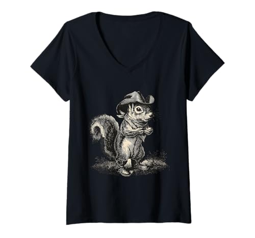 Damen Eichhörnchen Cowboy Vintage Rodeo Cowgirl Western Country T-Shirt mit V-Ausschnitt Damen Eichhörnchen Cowboy Vintage Rodeo Cowgirl Western Country T-Shirt mit V-Ausschnitt von Funny Western Country Cowboy Squirrel Animal