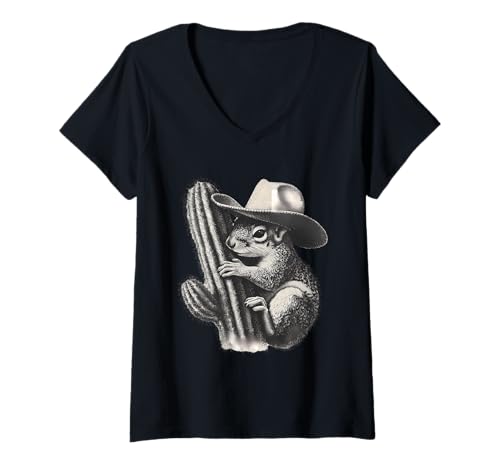 Damen Eichhörnchen Cowboy Vintage Rodeo Cowgirl Western Country T-Shirt mit V-Ausschnitt Damen Eichhörnchen Cowboy Vintage Rodeo Cowgirl Western Country T-Shirt mit V-Ausschnitt von Funny Western Country Cowboy Squirrel Animal