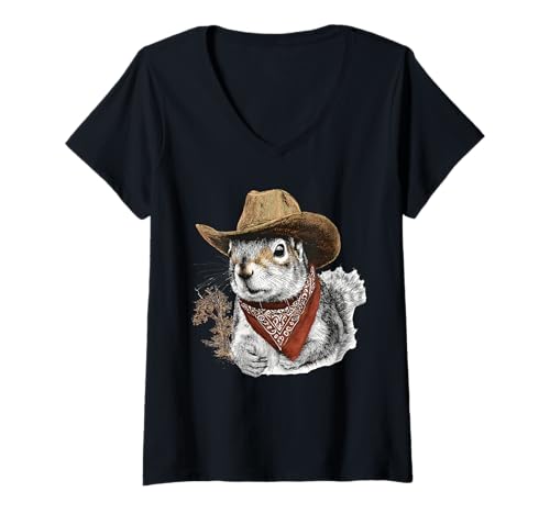 Damen Eichhörnchen Cowboy Vintage Rodeo Cowgirl Western Country T-Shirt mit V-Ausschnitt Damen Eichhörnchen Cowboy Vintage Rodeo Cowgirl Western Country T-Shirt mit V-Ausschnitt von Funny Western Country Cowboy Squirrel Animal
