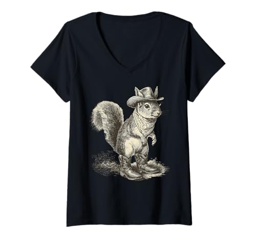 Damen Eichhörnchen Cowboy Vintage Rodeo Cowgirl Western Country T-Shirt mit V-Ausschnitt Damen Eichhörnchen Cowboy Vintage Rodeo Cowgirl Western Country T-Shirt mit V-Ausschnitt von Funny Western Country Cowboy Squirrel Animal