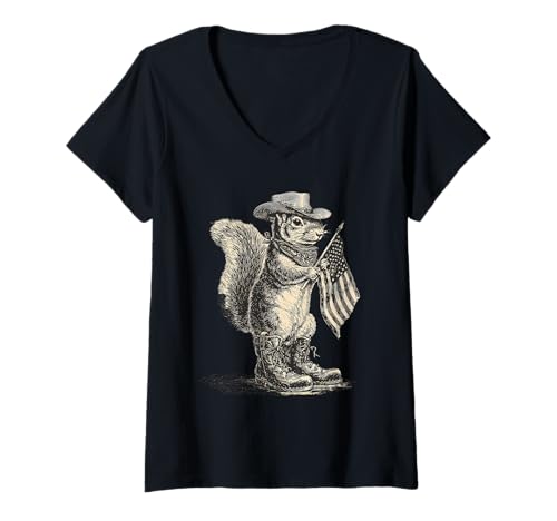 Damen Eichhörnchen Cowboy Vintage Rodeo Cowgirl Western Country T-Shirt mit V-Ausschnitt Damen Eichhörnchen Cowboy Vintage Rodeo Cowgirl Western Country T-Shirt mit V-Ausschnitt von Funny Western Country Cowboy Squirrel Animal