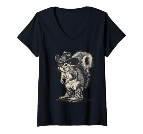Damen Eichhörnchen Cowboy Vintage Rodeo Cowgirl Western Country T-Shirt mit V-Ausschnitt Damen Eichhörnchen Cowboy Vintage Rodeo Cowgirl Western Country T-Shirt mit V-Ausschnitt von Funny Western Country Cowboy Squirrel Animal