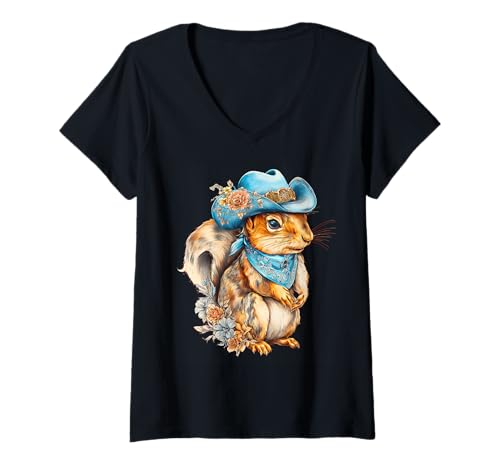 Damen Eichhörnchen Cowboy Vintage Rodeo Cowgirl Western Country T-Shirt mit V-Ausschnitt Damen Eichhörnchen Cowboy Vintage Rodeo Cowgirl Western Country T-Shirt mit V-Ausschnitt von Funny Western Country Cowboy Squirrel Animal