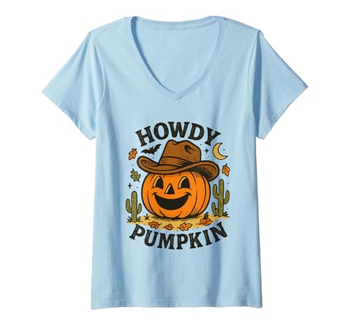 Damen Howdy Pumpkin Cowboy Fall Lustiger Kürbis Western Halloween T-Shirt mit V-Ausschnitt Damen Howdy Pumpkin Cowboy Fall Lustiger Kürbis Western Halloween T-Shirt mit V-Ausschnitt von Funny Western Cowboy Pumpkin Fall Autumn Season