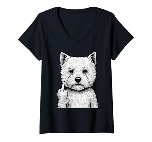 Damen West Highland White Terrier Mittelfinger sarkastischer Hund T-Shirt mit V-Ausschnitt Damen West Highland White Terrier Mittelfinger sarkastischer Hund T-Shirt mit V-Ausschnitt von Funny Westie Flipping Off Dog Designs