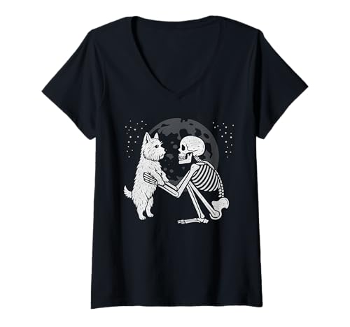Damen West Highland White Terrier Skelett Mond Halloween Hund T-Shirt mit V-Ausschnitt Damen West Highland White Terrier Skelett Mond Halloween Hund T-Shirt mit V-Ausschnitt von Funny Westie Gothic Dog Designs