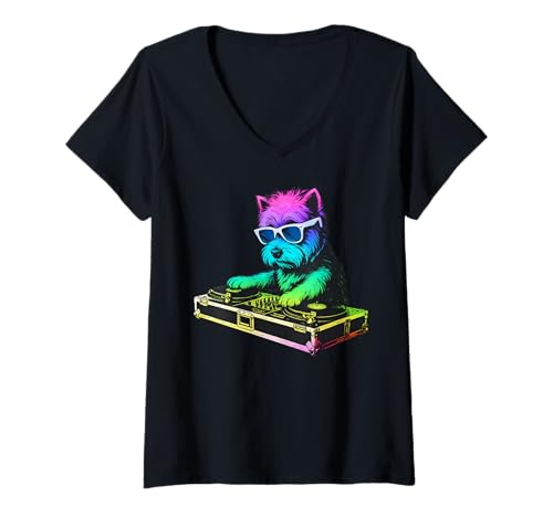 Damen West Highland White Terrier DJ Musik Party Hundeliebhaber T-Shirt mit V-Ausschnitt von Funny Westie House Music Dog Designs