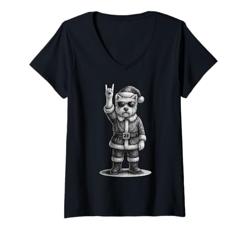 Damen West Highland White Terrier, Rockmusik, Weihnachts-Hundeliebhaber T-Shirt mit V-Ausschnitt Damen West Highland White Terrier, Rockmusik, Weihnachts-Hundeliebhaber T-Shirt mit V-Ausschnitt von Funny Westie Rock And Roll Dog Designs