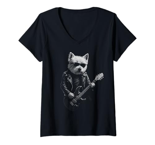 Damen West Highland White Terrier spielt Gitarre Rock Musik Hund T-Shirt mit V-Ausschnitt Damen West Highland White Terrier spielt Gitarre Rock Musik Hund T-Shirt mit V-Ausschnitt von Funny Westie Rock And Roll Dog Designs
