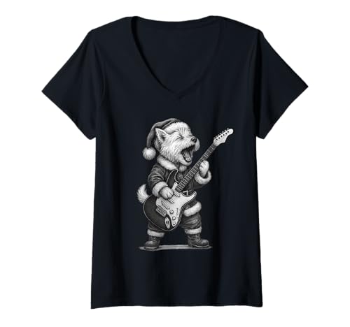 Damen West Highland White Terrier Spielende Gitarre Weihnachten Hund T-Shirt mit V-Ausschnitt von Funny Westie Rock Music Dog Designs